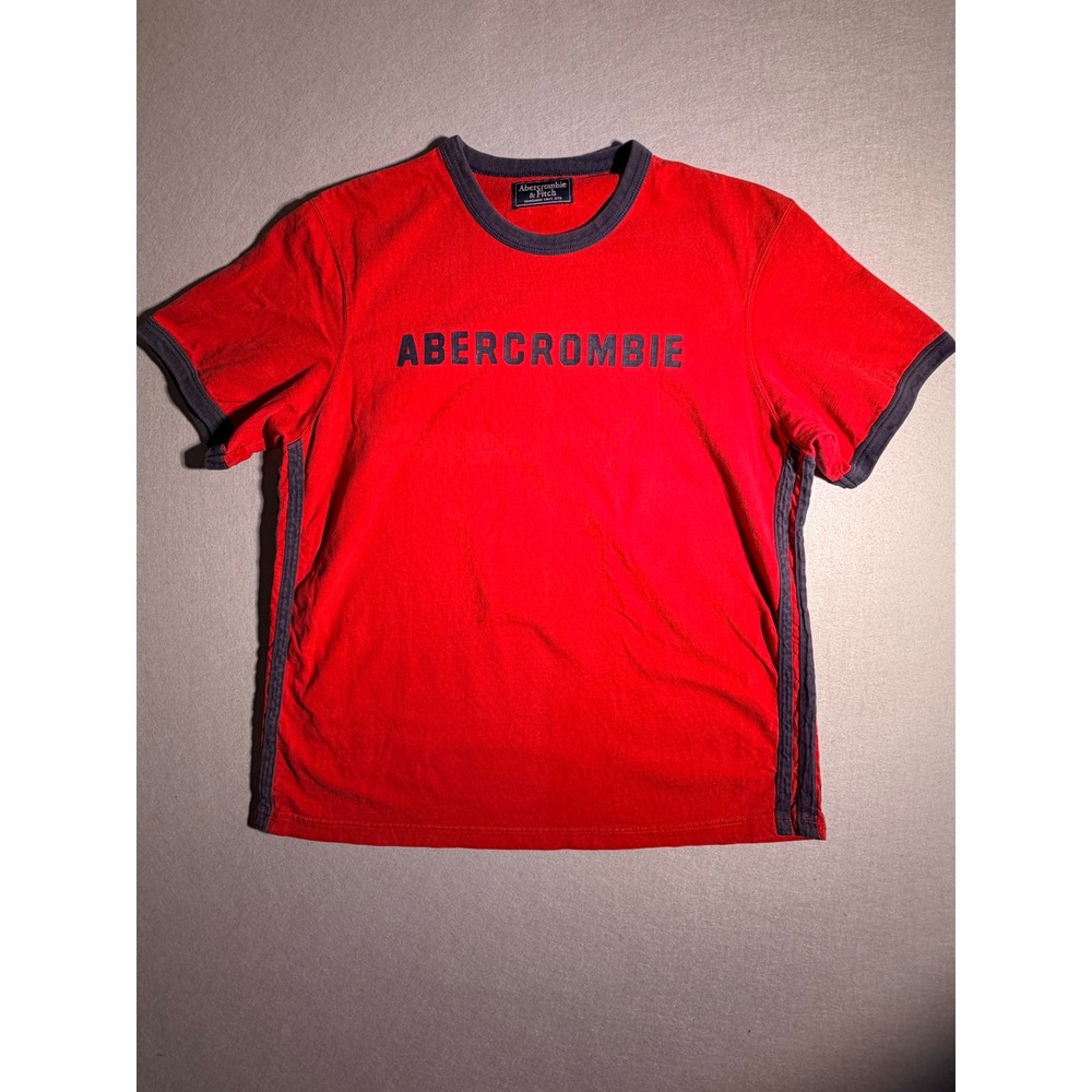 Vintage Abercrombie & Fitch Ringer T Shirt Mens L Red Navy Spellout Side Stripe